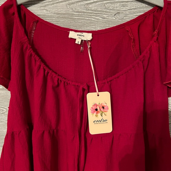 Entro Clara Tiered Ruffle Top‎ Red Short Sleeve Square Neck Drawstring Small - Picture 4 of 4